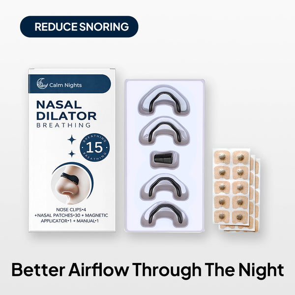 Magnetic Nasal Dilator Kit with nasal dilators, magnetic patches, and packaging, designed to support better airflow through the night