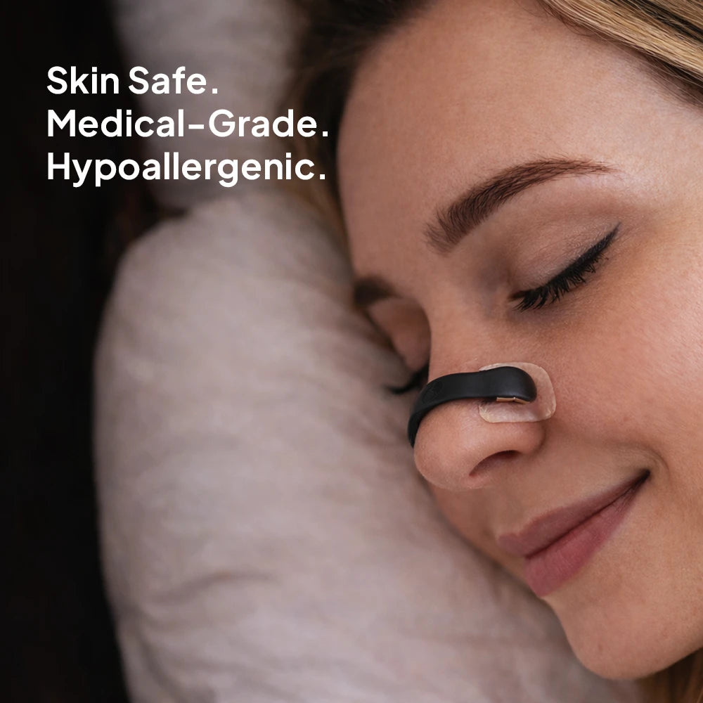 Woman wearing the Magnetic Nasal Dilator while sleeping, showing a soft and comfortable overnight fit