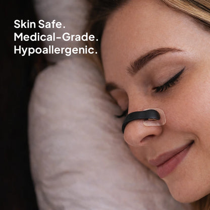 Woman wearing the Magnetic Nasal Dilator while sleeping, showing a soft and comfortable overnight fit