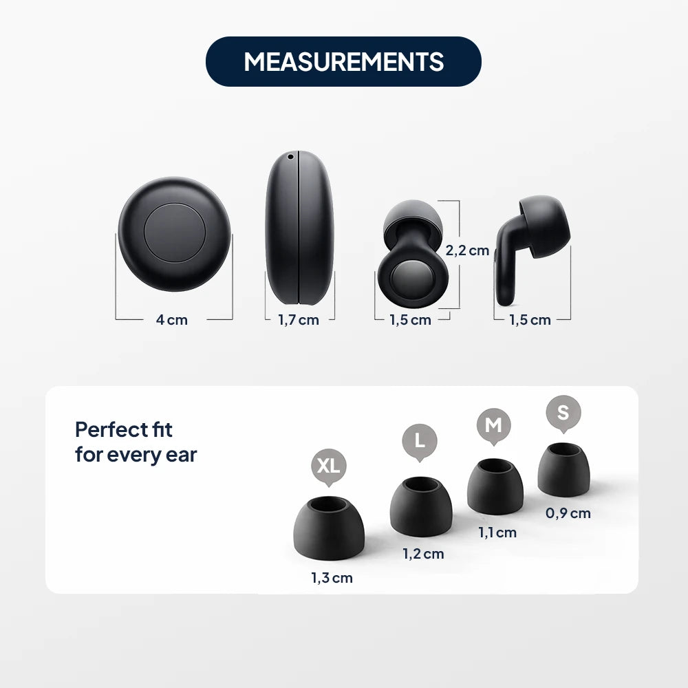 Dimensions of the black Quiet Sleep Earplugs with front, side, and in-ear views, plus silicone ear tip sizes S, M, L, and XL.