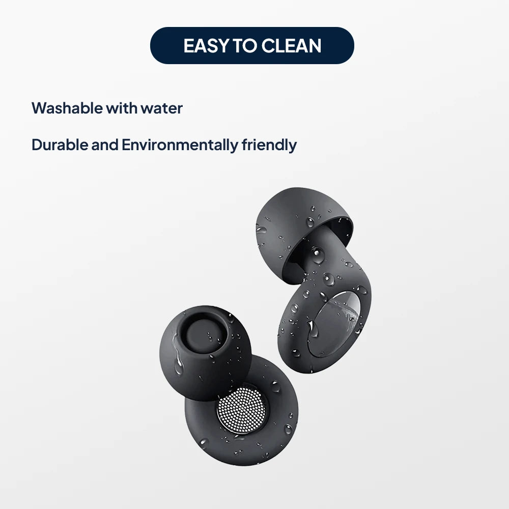 Black Quiet Sleep Earplugs with water droplets, showing a washable and easy to clean design.