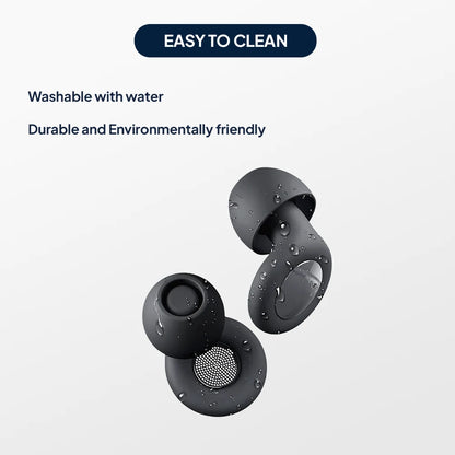 Black Quiet Sleep Earplugs with water droplets, showing a washable and easy to clean design.