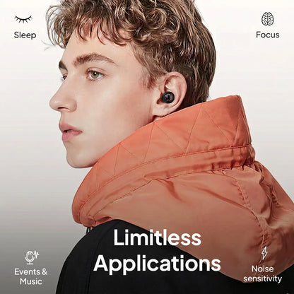 Person wearing black Quiet Sleep Earplugs with a soft neck pillow, highlighting sleep, focus, music, and noise sensitivity use cases.