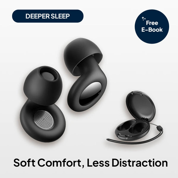 Black Quiet Sleep Earplugs with carrying case, designed for soft comfort and less distraction during sleep