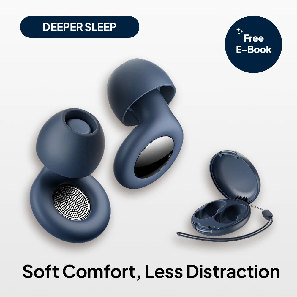 Blue Quiet Sleep Earplugs with carrying case, designed for soft comfort and less distraction during sleep