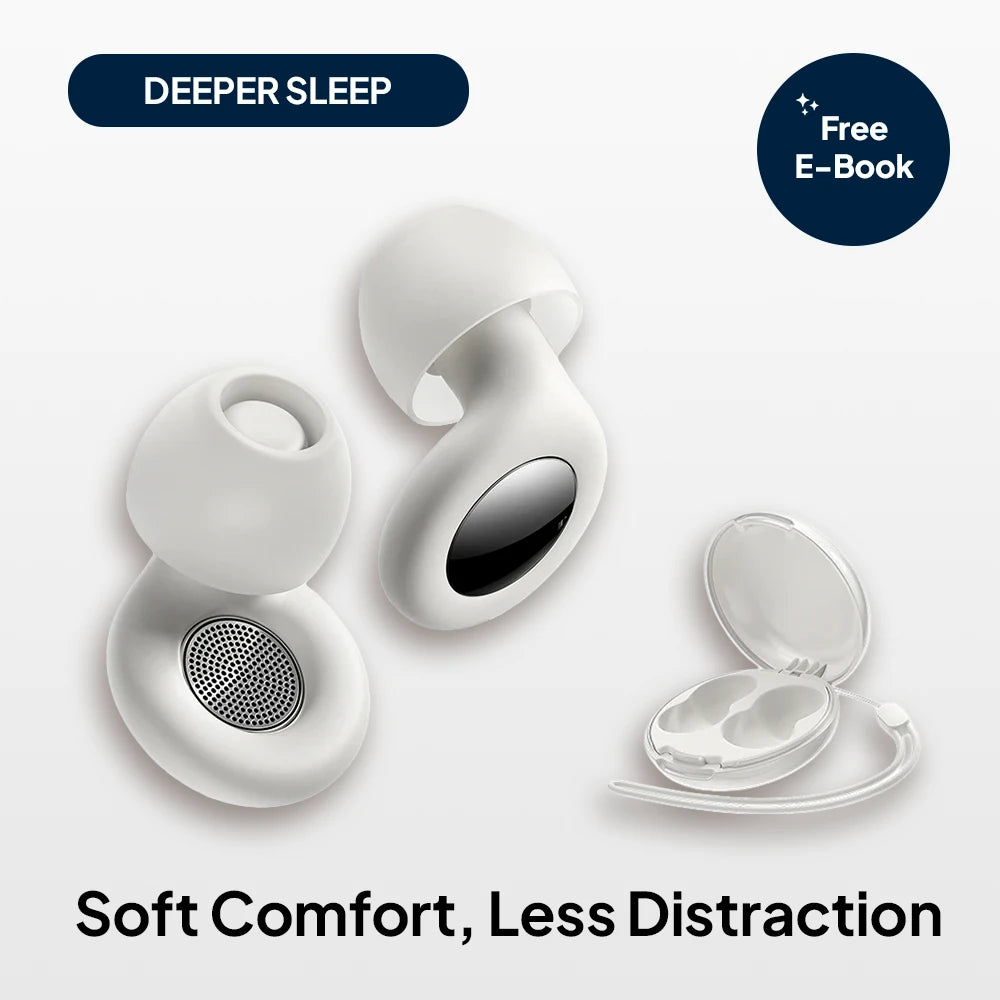 White Quiet Sleep Earplugs with carrying case, designed for soft comfort and less distraction during sleep