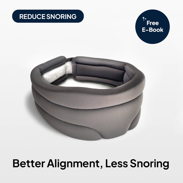 Grey neck support pillow for sleep, designed to support head and neck alignment and help reduce snoring