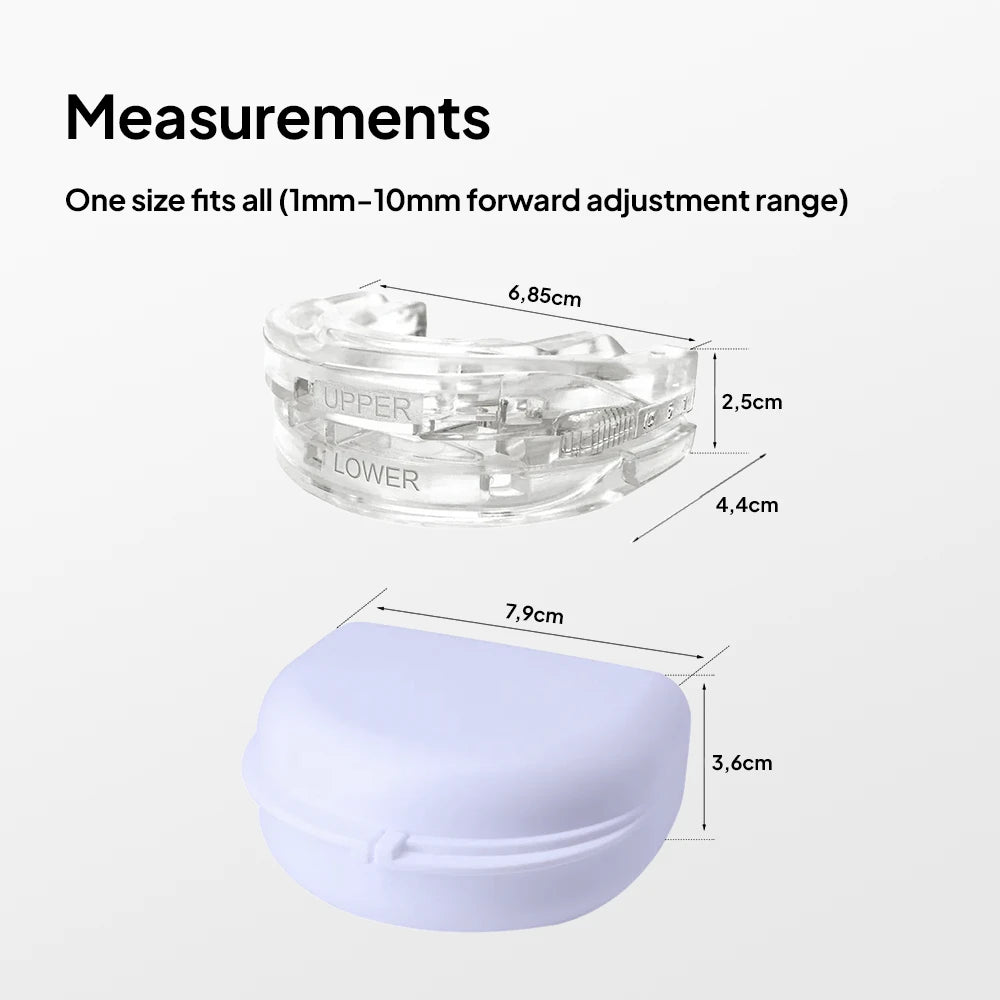 Measurements of the Snore Guard mouthpiece and storage case, including product dimensions and forward adjustment range