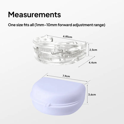 Measurements of the Snore Guard mouthpiece and storage case, including product dimensions and forward adjustment range