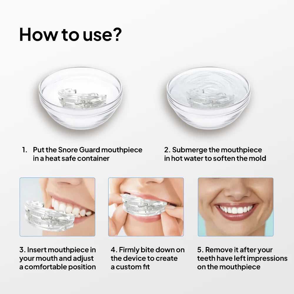 Step by step guide showing how to fit the Snore Guard mouthpiece by heating it in hot water, placing it in the mouth, biting down for a custom fit, and removing it after the teeth make an impression