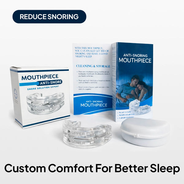 Anti-snoring mouthpiece with storage case and packaging, designed to support a more comfortable fit and better sleep